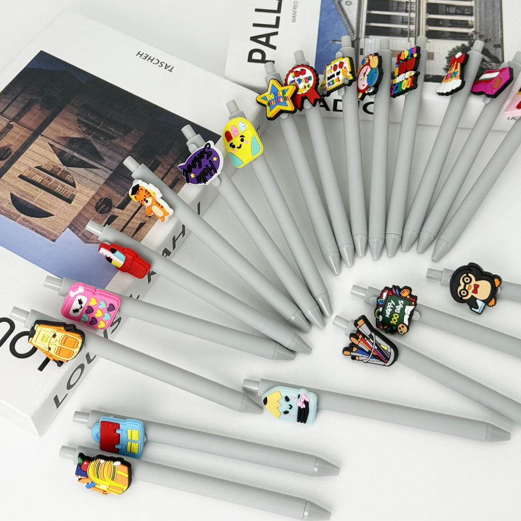 20/30pcs Back-to-School Season Themed Sticker Round Ballpoint Pens, Creative Gift Pen with Fun PVC Decals and Comfortable Grip, Easy Press Retractable - Black Ink Cartridge, Perfect for Writing