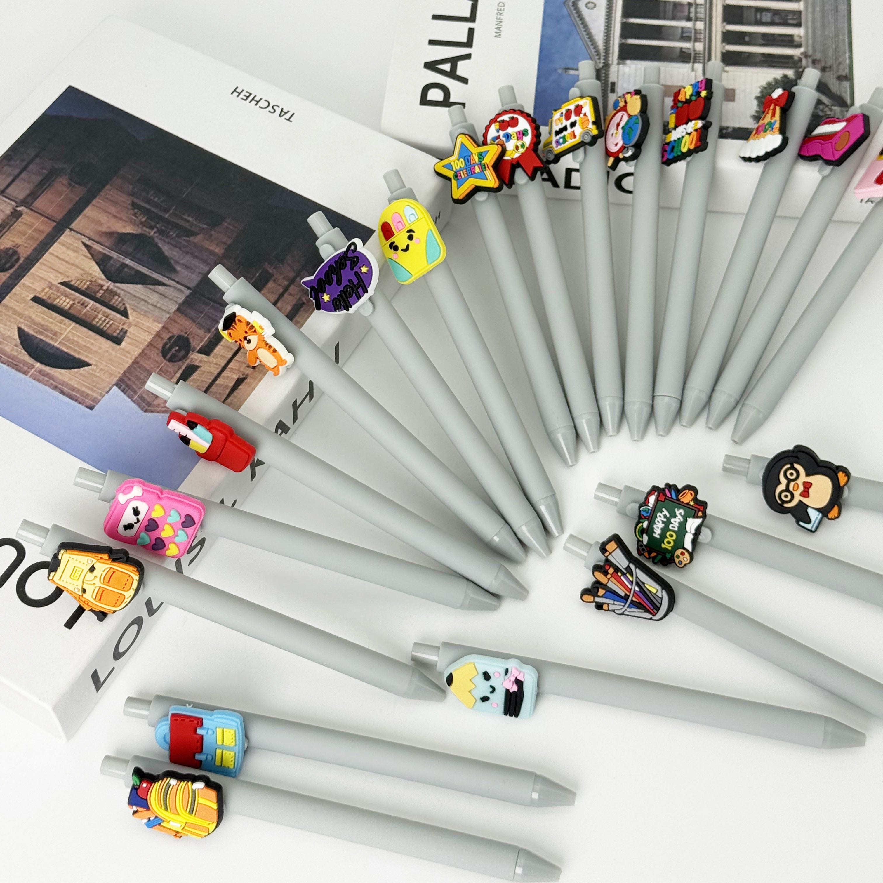 20/30pcs Back-to-School Season Themed Sticker Round Ballpoint Pens, Creative Gift Pen with Fun PVC Decals and Comfortable Grip, Easy Press Retractable - Black Ink Cartridge, Perfect for Writing