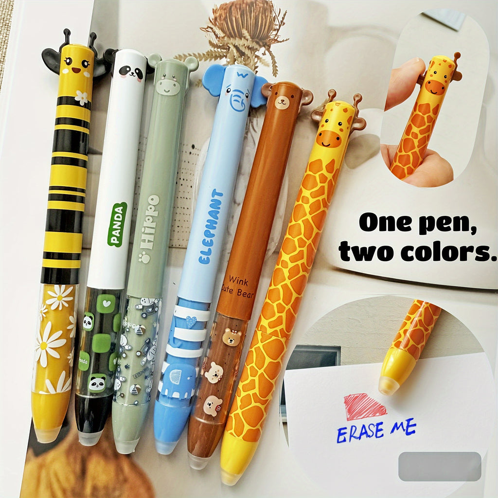12pcs Cute Zoo Theme Erasable Gel Pens, One Pen Two Colors Blue and Red Color Ink Pen with Eraser Clear, Double Retractable Clicks Gel Pen, Smooth Writing for Journaling School & Office Supplies