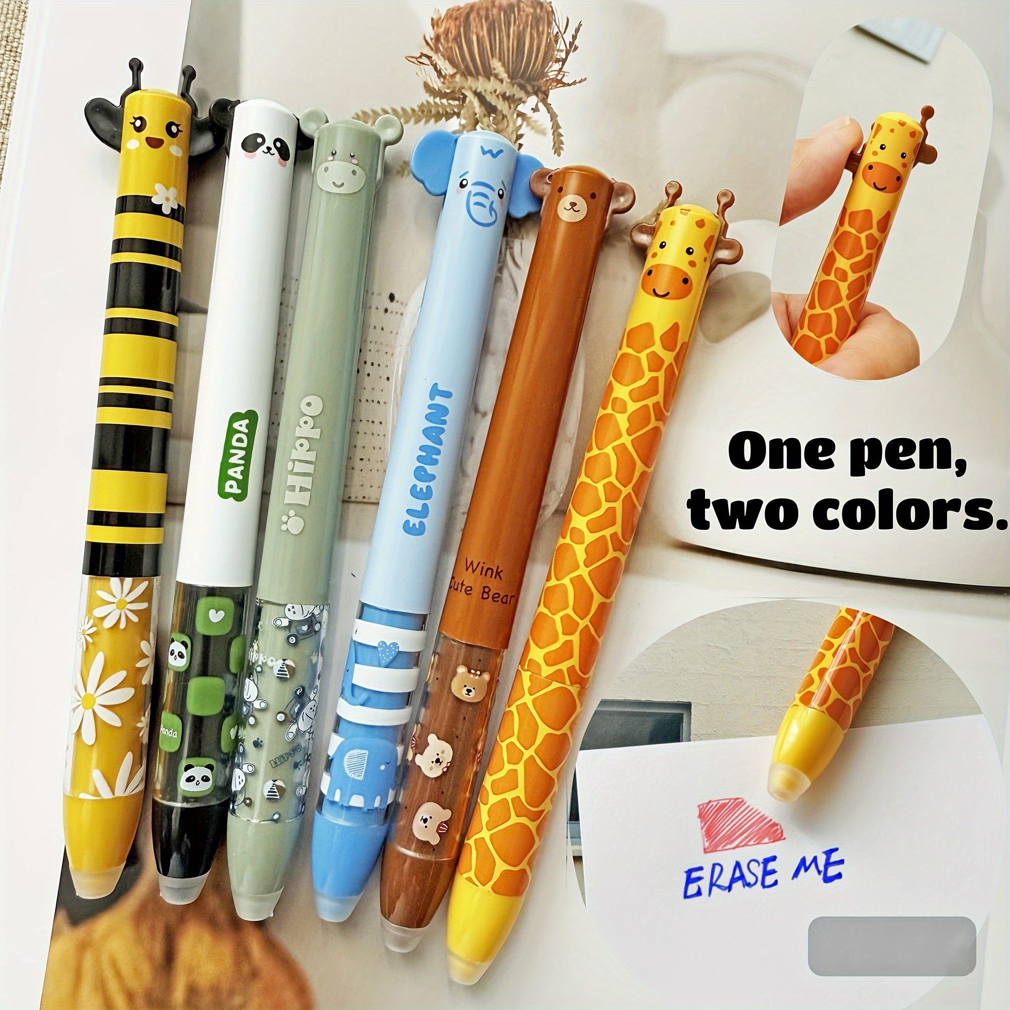 12pcs Cute Zoo Theme Erasable Gel Pens, One Pen Two Colors Blue and Red Color Ink Pen with Eraser Clear, Double Retractable Clicks Gel Pen, Smooth Writing for Journaling School & Office Supplies