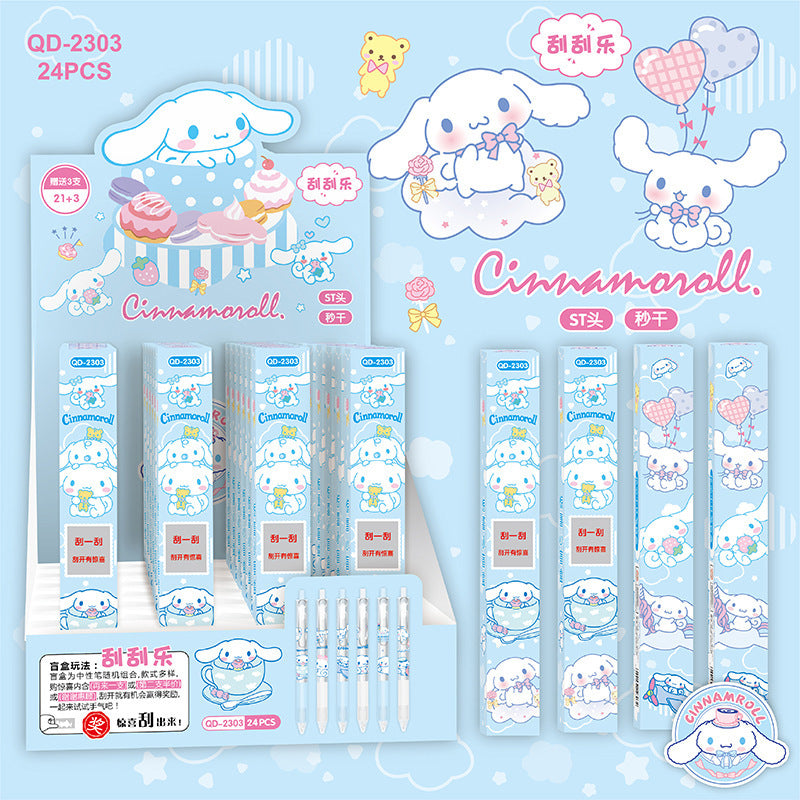 24pcs Sanrio Big Eared Dog Scratch-Off Mystery Box Pens - Cute Blue Cartoon Design, Retractable Fine Tip, Durable Plastic, Black Ink, Perfect for School & Office Supplies, Back to School Essentials, Cute Pens, School Stationery, Playful Design, Smooth
