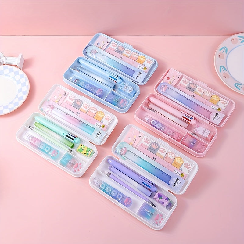 [9pcs Cute Stationery] 9pcs Cute Cat & Dog Illustrated Stationery Set | Colorful Gradient Design, Retractable Pens, Versatile for School & Office Use | Durable Plastic, Playful Design, Office Supplies