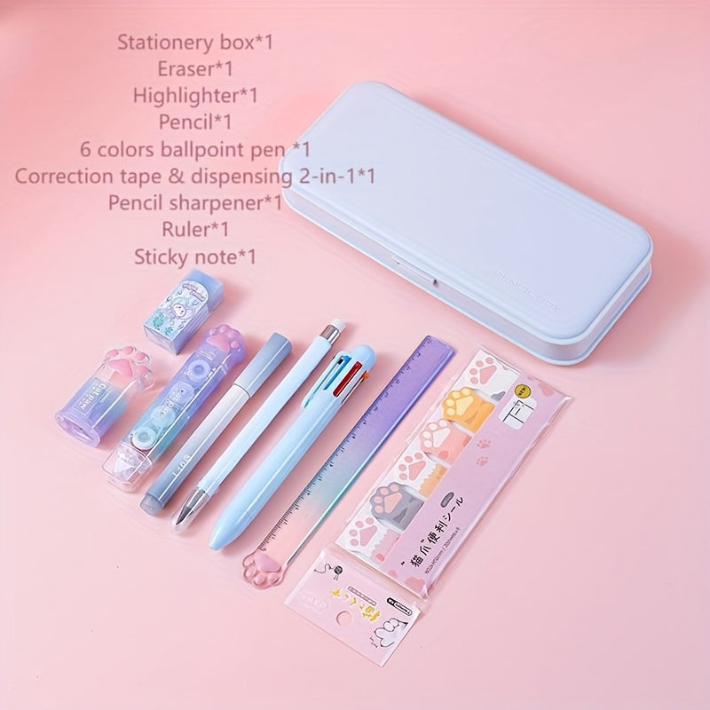 [9pcs Cute Stationery] 9pcs Cute Cat & Dog Illustrated Stationery Set | Colorful Gradient Design, Retractable Pens, Versatile for School & Office Use | Durable Plastic, Playful Design, Office Supplies