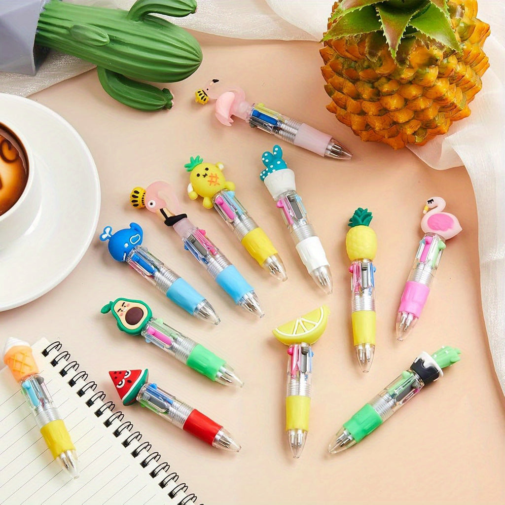 24pcs Summer Multicolor Retractable Ballpoint Pens - 4-in-1 Cute Fruit & Flamingo Cactus Cartoon Design, Vibrant Colors, Durable Plastic, Fun Party Favors for Birthdays, Hawaiian Themed Events, End of Year Gifts, Cute Pens, Playful Design, Smooth Writing,