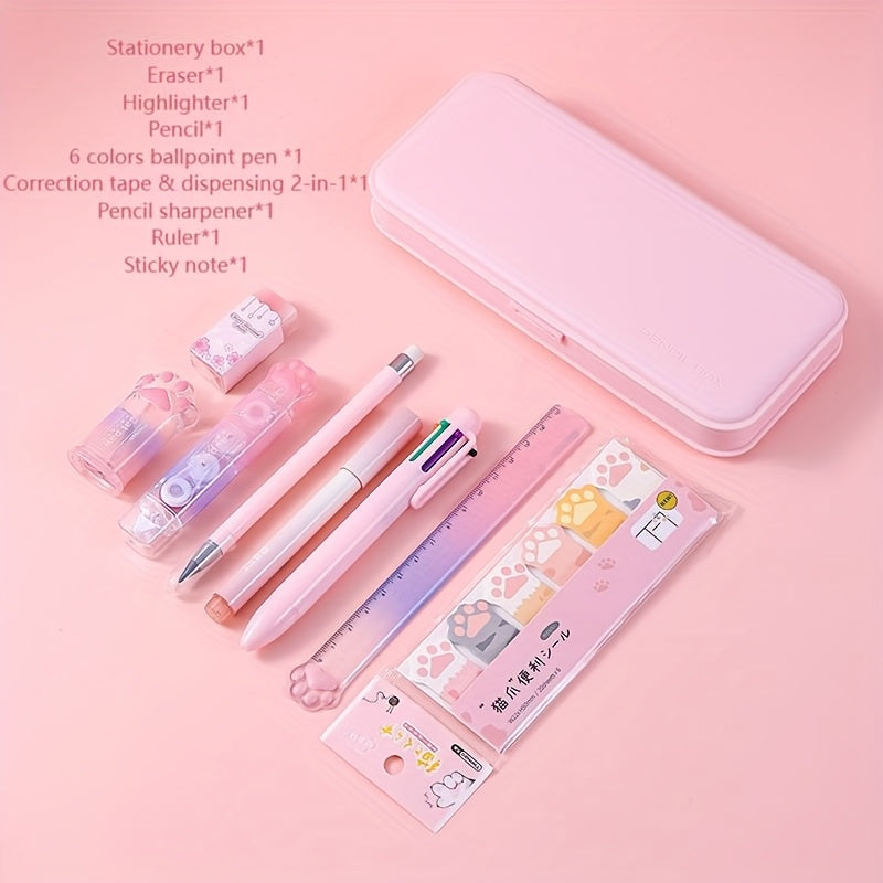 [9pcs Cute Stationery] 9pcs Cute Cat & Dog Illustrated Stationery Set | Colorful Gradient Design, Retractable Pens, Versatile for School & Office Use | Durable Plastic, Playful Design, Office Supplies