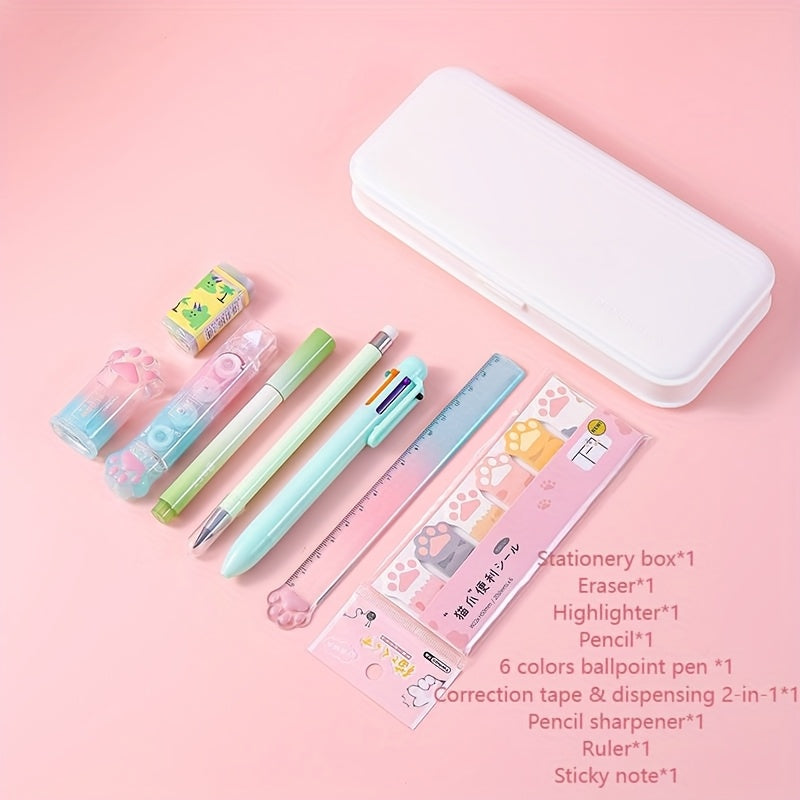[9pcs Cute Stationery] 9pcs Cute Cat & Dog Illustrated Stationery Set | Colorful Gradient Design, Retractable Pens, Versatile for School & Office Use | Durable Plastic, Playful Design, Office Supplies