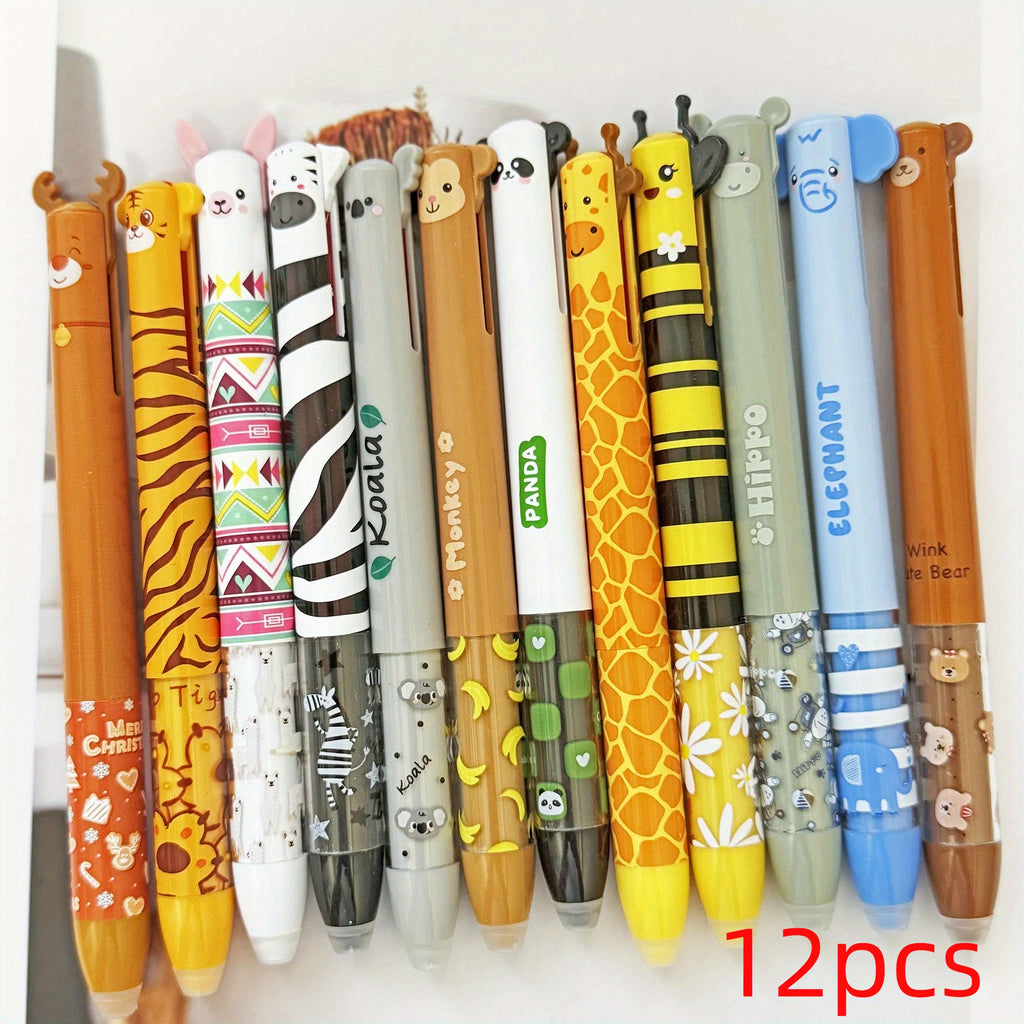 12pcs Cute Zoo Theme Erasable Gel Pens, One Pen Two Colors Blue and Red Color Ink Pen with Eraser Clear, Double Retractable Clicks Gel Pen, Smooth Writing for Journaling School & Office Supplies