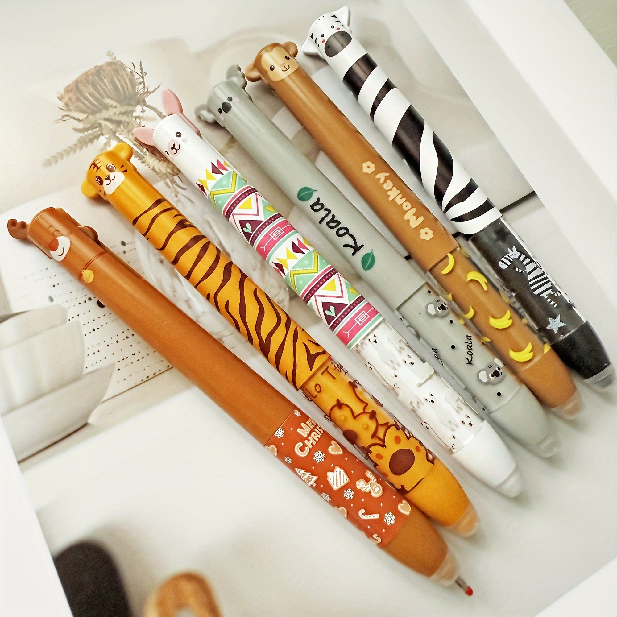 12pcs Cute Zoo Theme Erasable Gel Pens, One Pen Two Colors Blue and Red Color Ink Pen with Eraser Clear, Double Retractable Clicks Gel Pen, Smooth Writing for Journaling School & Office Supplies