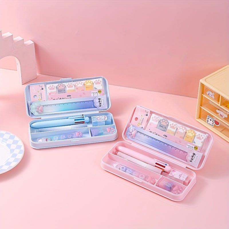 [9pcs Cute Stationery] 9pcs Cute Cat & Dog Illustrated Stationery Set | Colorful Gradient Design, Retractable Pens, Versatile for School & Office Use | Durable Plastic, Playful Design, Office Supplies