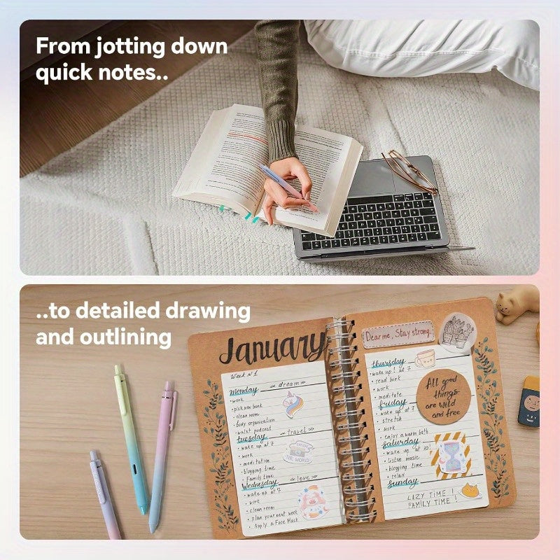 Retractable Gel Ink Pens: 8ct Black Ink 0.5mm Fine Point Tip Pen Comfort Grip Smooth Writing with Aesthetic Gradient Color Barrel for Journaling Note Taking Sketching No Bleed Smear, Pens for Writing, Cute Pens, Pens, Pencils, Colored Pens, Journaling