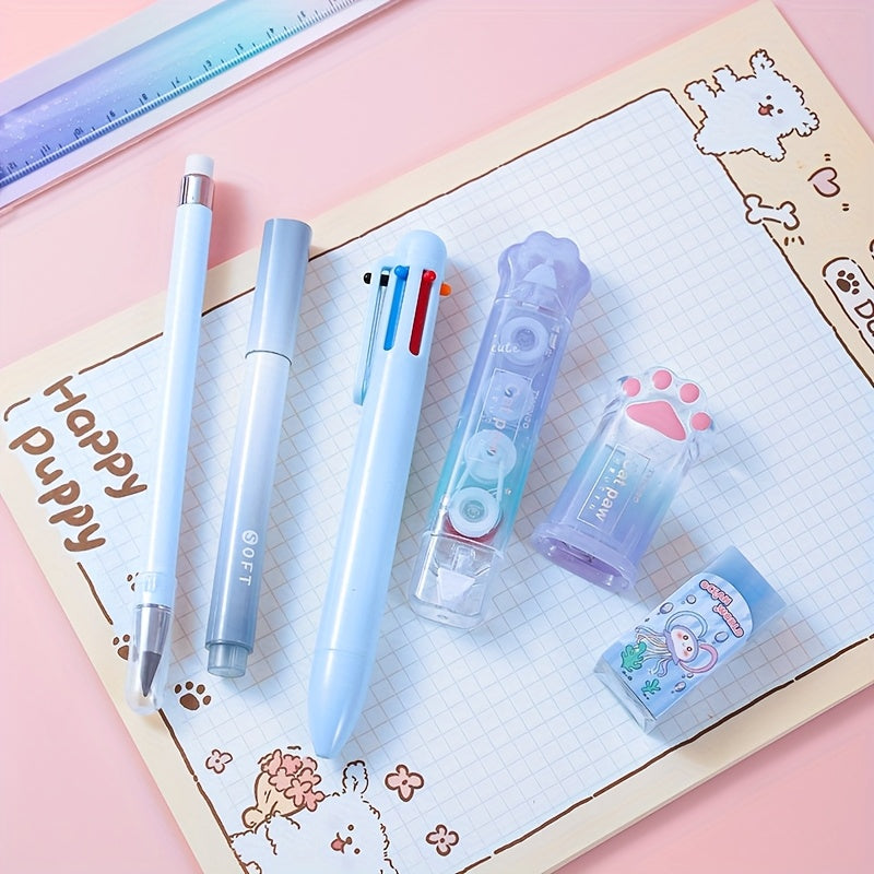 [9pcs Cute Stationery] 9pcs Cute Cat & Dog Illustrated Stationery Set | Colorful Gradient Design, Retractable Pens, Versatile for School & Office Use | Durable Plastic, Playful Design, Office Supplies
