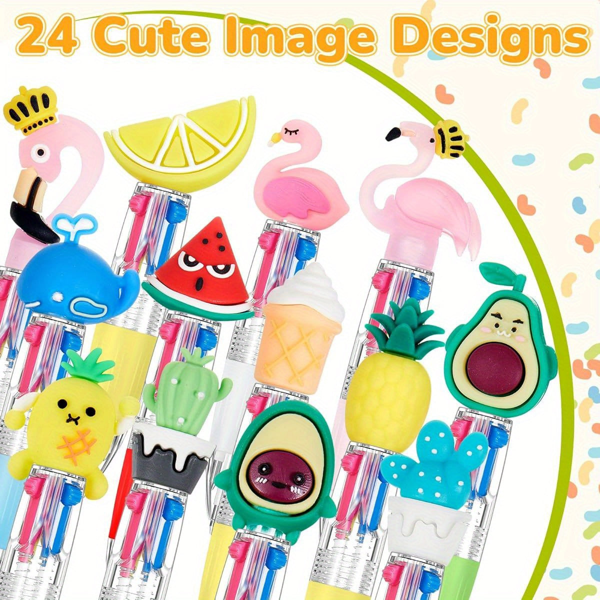 24pcs Summer Multicolor Retractable Ballpoint Pens - 4-in-1 Cute Fruit & Flamingo Cactus Cartoon Design, Vibrant Colors, Durable Plastic, Fun Party Favors for Birthdays, Hawaiian Themed Events, End of Year Gifts, Cute Pens, Playful Design, Smooth Writing,