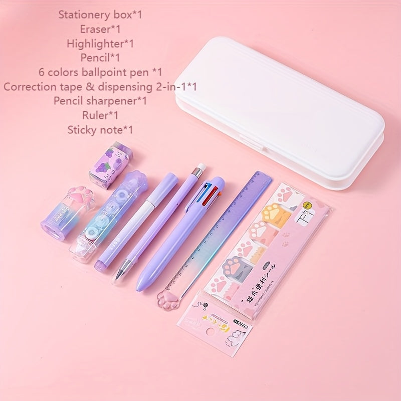 [9pcs Cute Stationery] 9pcs Cute Cat & Dog Illustrated Stationery Set | Colorful Gradient Design, Retractable Pens, Versatile for School & Office Use | Durable Plastic, Playful Design, Office Supplies