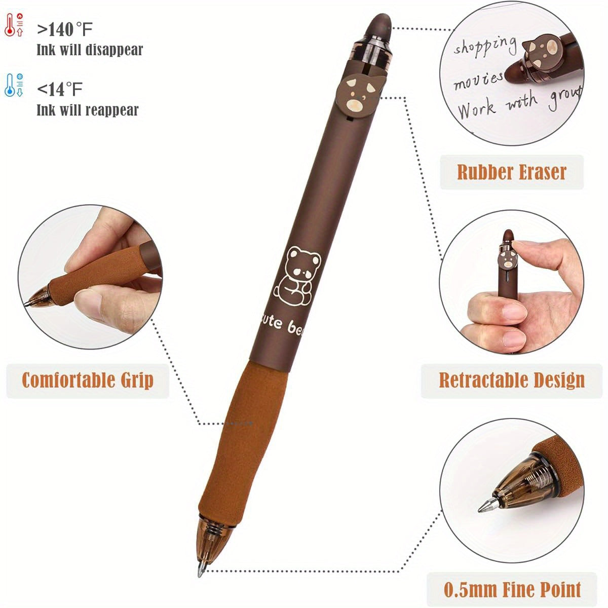 8pcs Cute Retractable Erasable Gel Pens, Blue and Black Ink Pen with Eraser Clear, Smooth Writing Comfortable to Use for Note Taking Marking Planner Crossword Puzzles ( Coffee), Pens, Multicolour Pen, Needle Tip Pens, Beadable Pens, Stationary Pens,