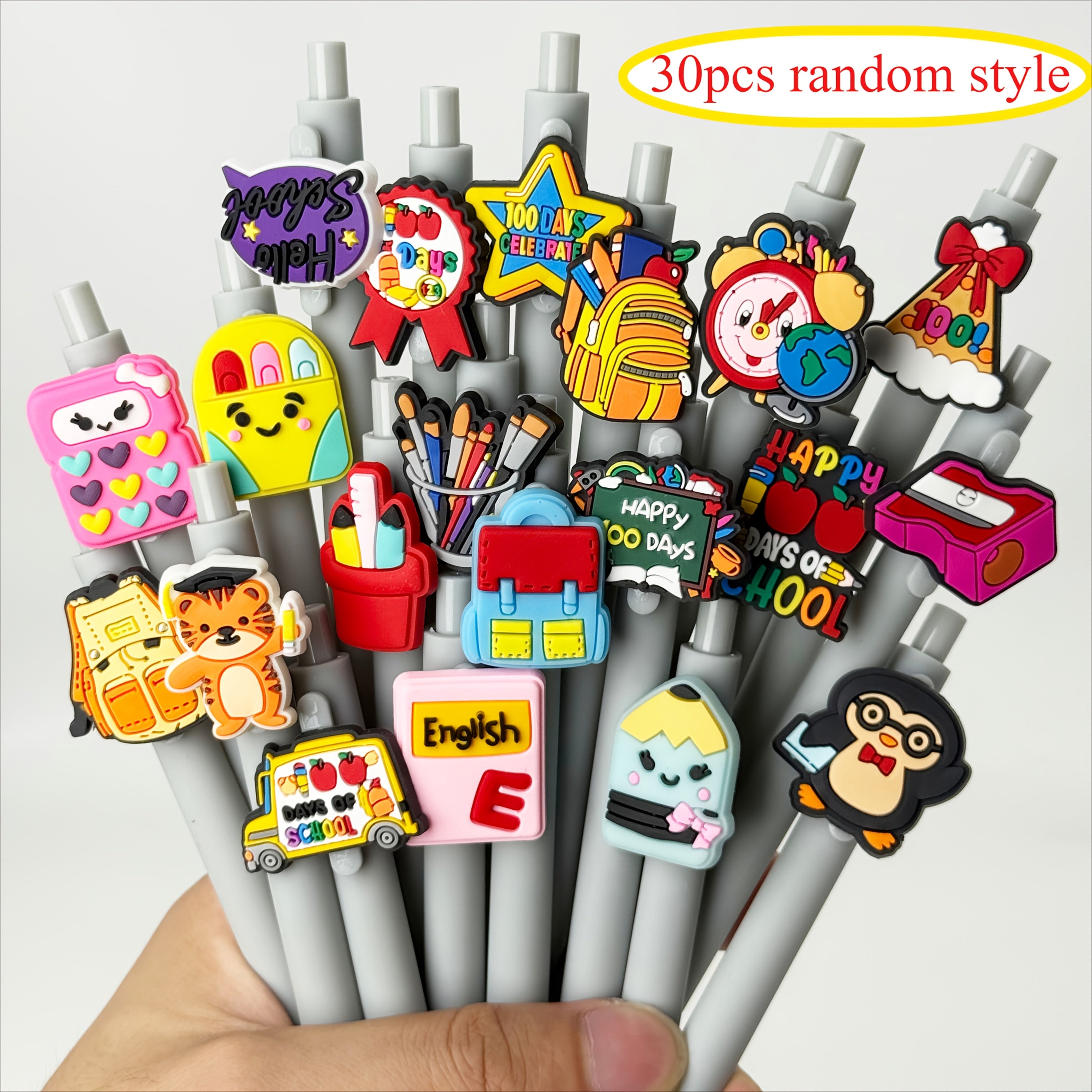 20/30pcs Back-to-School Season Themed Sticker Round Ballpoint Pens, Creative Gift Pen with Fun PVC Decals and Comfortable Grip, Easy Press Retractable - Black Ink Cartridge, Perfect for Writing