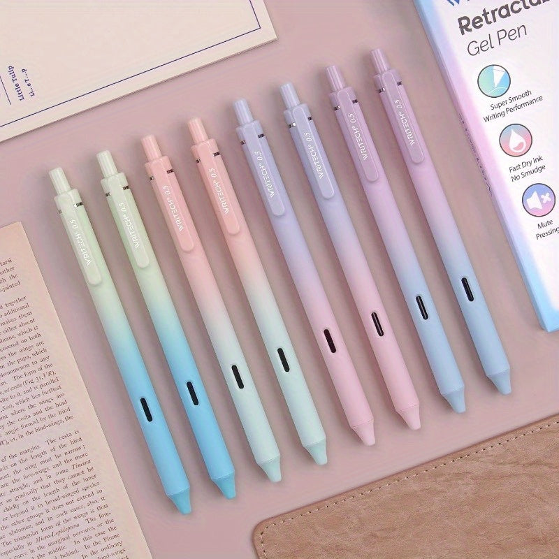 Retractable Gel Ink Pens: 8ct Black Ink 0.5mm Fine Point Tip Pen Comfort Grip Smooth Writing with Aesthetic Gradient Color Barrel for Journaling Note Taking Sketching No Bleed Smear, Pens for Writing, Cute Pens, Pens, Pencils, Colored Pens, Journaling