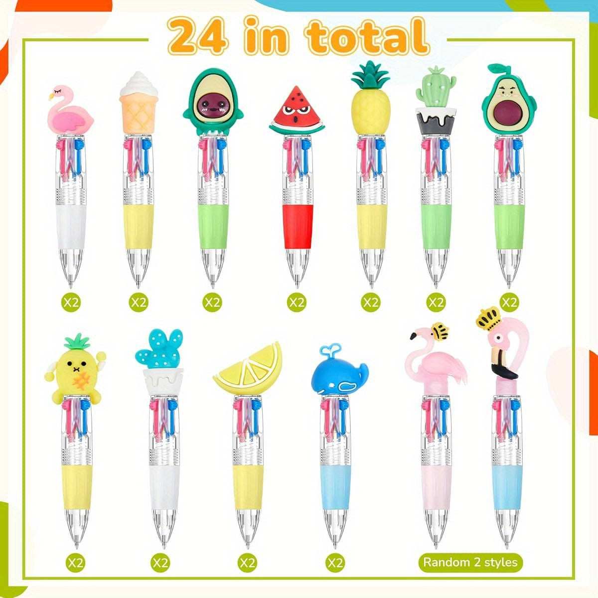 24pcs Summer Multicolor Retractable Ballpoint Pens - 4-in-1 Cute Fruit & Flamingo Cactus Cartoon Design, Vibrant Colors, Durable Plastic, Fun Party Favors for Birthdays, Hawaiian Themed Events, End of Year Gifts, Cute Pens, Playful Design, Smooth Writing,