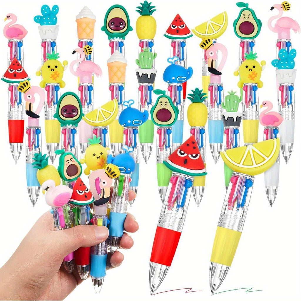 24pcs Summer Multicolor Retractable Ballpoint Pens - 4-in-1 Cute Fruit & Flamingo Cactus Cartoon Design, Vibrant Colors, Durable Plastic, Fun Party Favors for Birthdays, Hawaiian Themed Events, End of Year Gifts, Cute Pens, Playful Design, Smooth Writing,