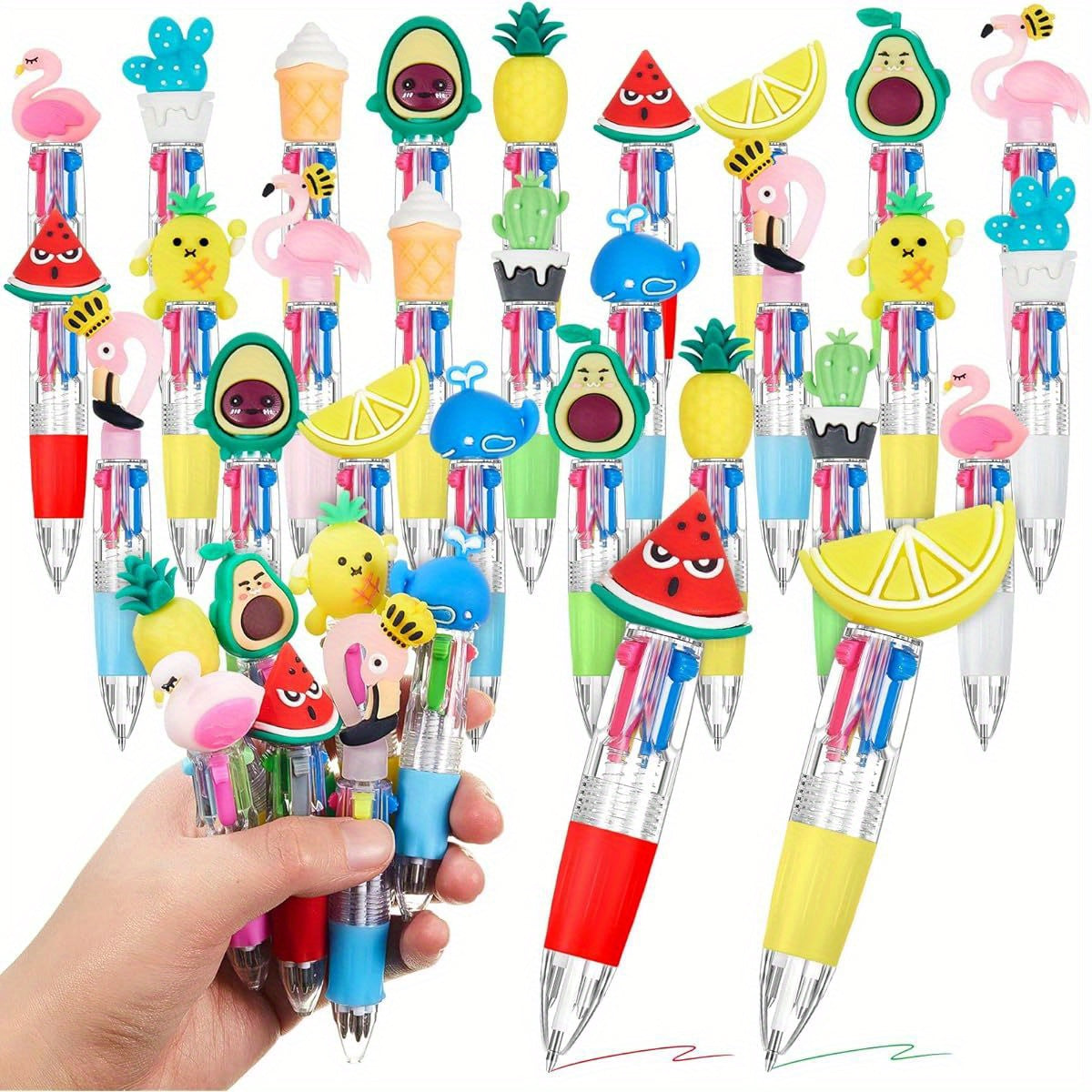 24pcs Summer Multicolor Retractable Ballpoint Pens - 4-in-1 Cute Fruit & Flamingo Cactus Cartoon Design, Vibrant Colors, Durable Plastic, Fun Party Favors for Birthdays, Hawaiian Themed Events, End of Year Gifts, Cute Pens, Playful Design, Smooth Writing,