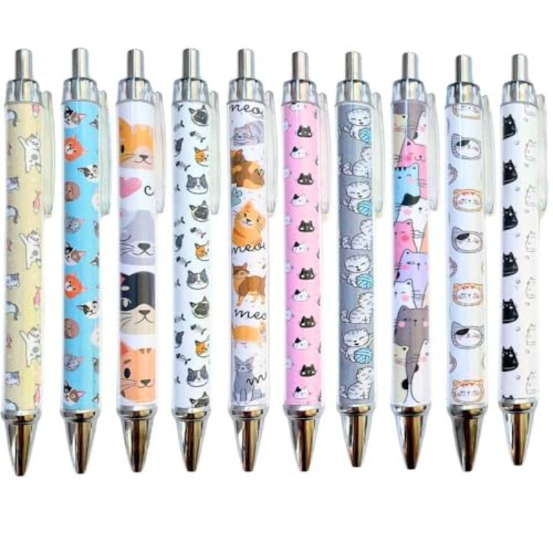 10pcs Cat Ink Pens Set Cute Kawaii Funny Cats Kitty Themed Paw Ballpoint Gel Pen School Stationary Notebook Diary for Women Lovers Office Worker Supplies Stuff Clipboard Decor Desk Accessories Gifts, Office Supplies, School Stationery, Playful