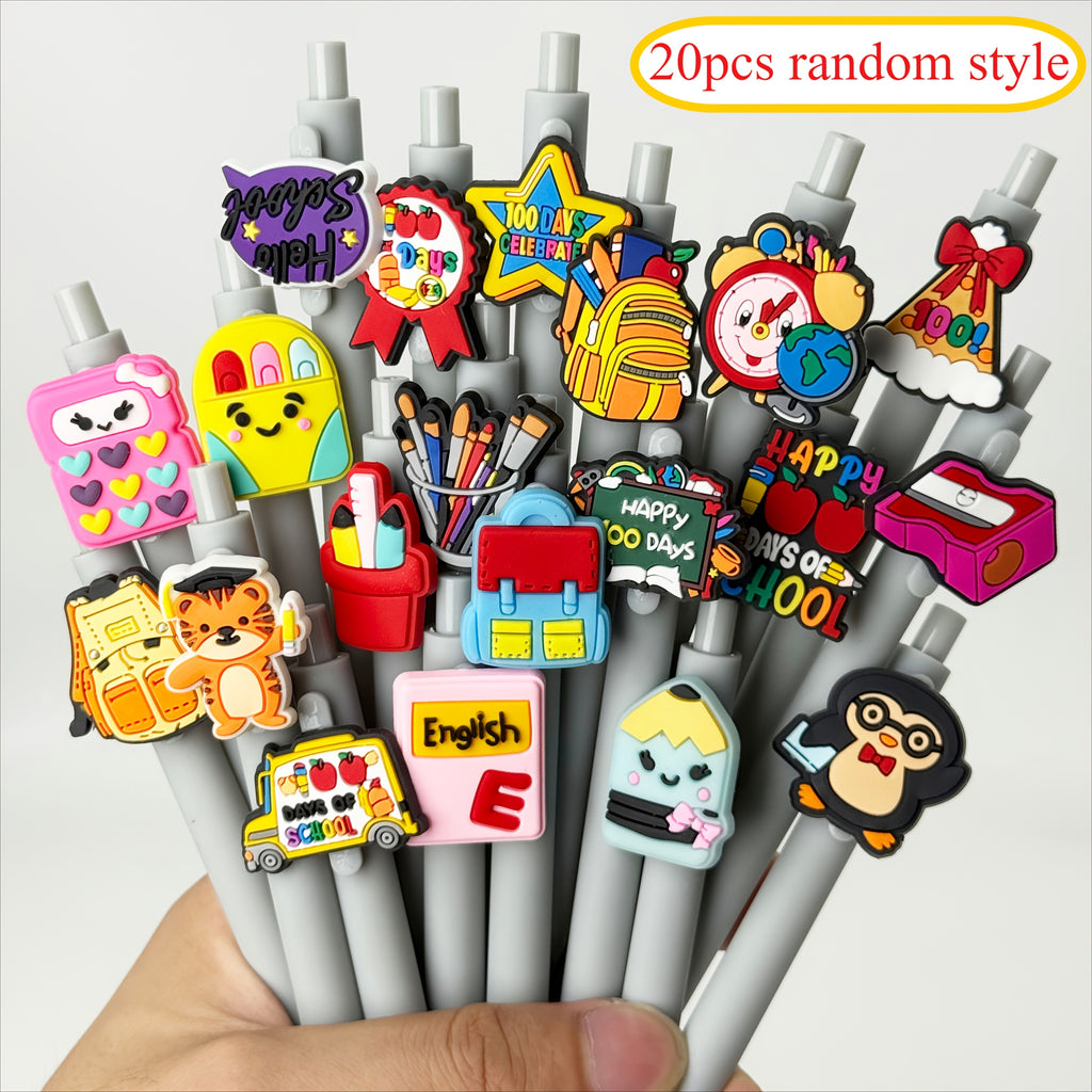 20/30pcs Back-to-School Season Themed Sticker Round Ballpoint Pens, Creative Gift Pen with Fun PVC Decals and Comfortable Grip, Easy Press Retractable - Black Ink Cartridge, Perfect for Writing