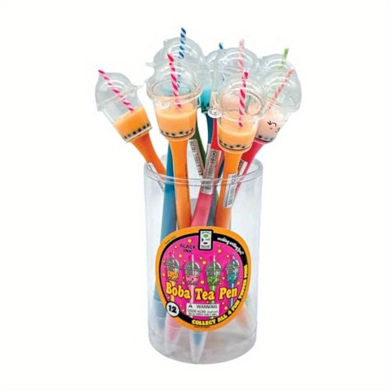 Pack of 12 Adorable Boba Tea Pens - Cute Boba Character Design with Black Ink, Retractable Glass Pens for School, Office, and Art Supplies, Fun and Creative Stationery Gift Idea, Cute Pens, School Stationery, Playful Design, Durable Writing Tool